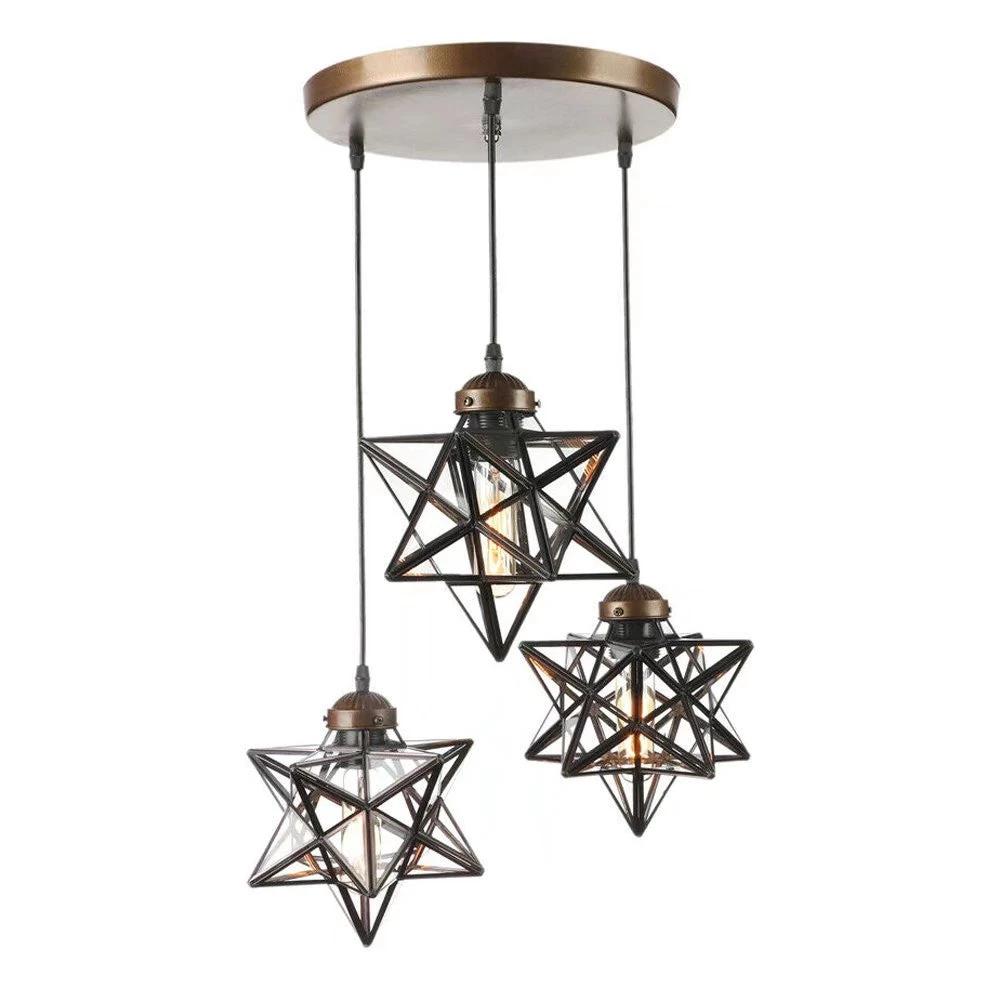 Brown Metal and Glass Star Geometric Hanging Lamp - Homeroots