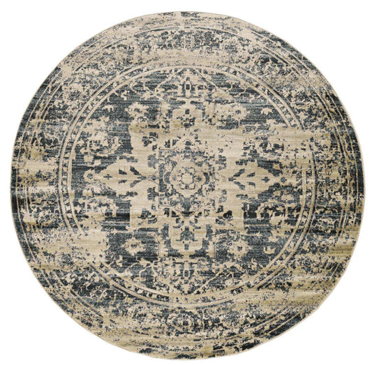 8' Ivory and Blue Oriental Distressed Round Rug - Homeroots - Flyclothing LLC
