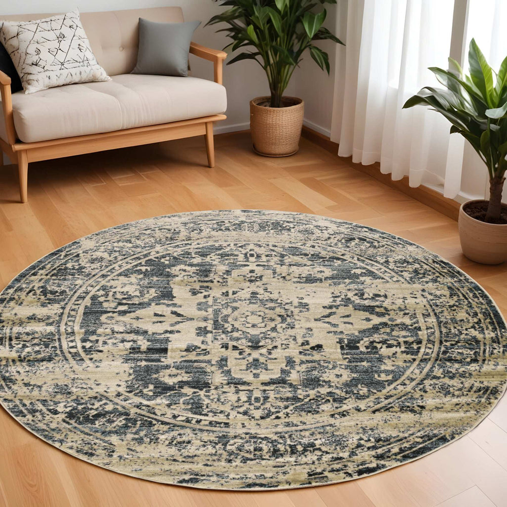 8' Ivory and Blue Oriental Distressed Round Rug - Homeroots - Flyclothing LLC