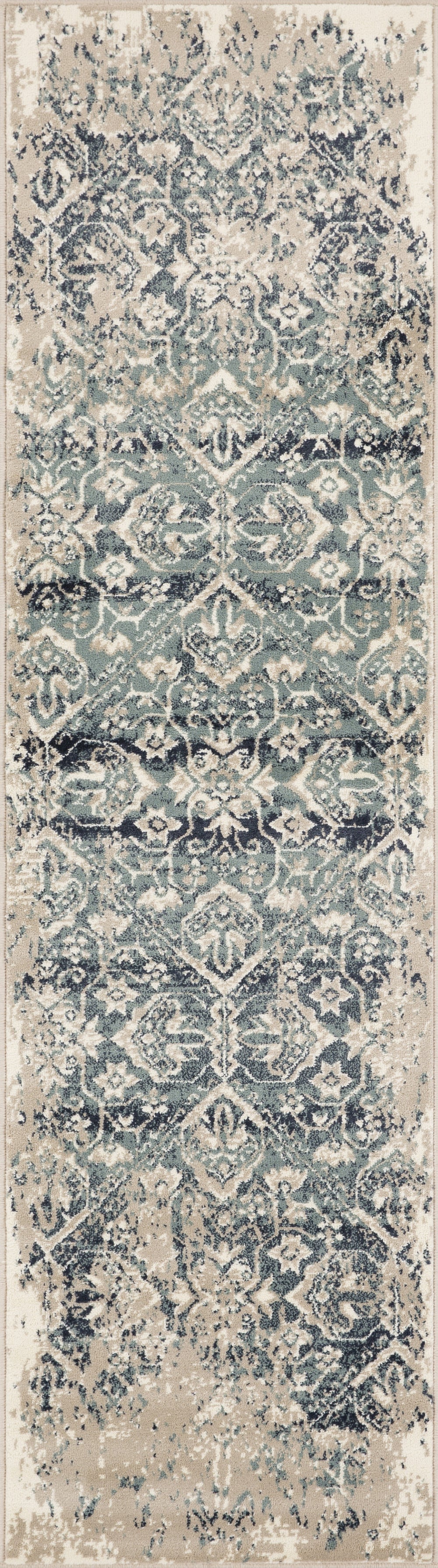 8' Runner Ivory and Blue Oriental Runner Rug