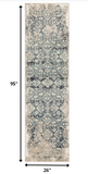 8' Runner Ivory and Blue Oriental Runner Rug
