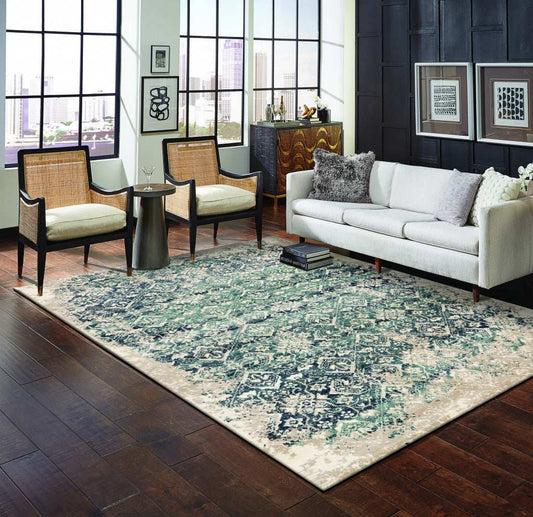 8' X 11' Ivory and Blue Oriental Area Rug - Homeroots - Flyclothing LLC