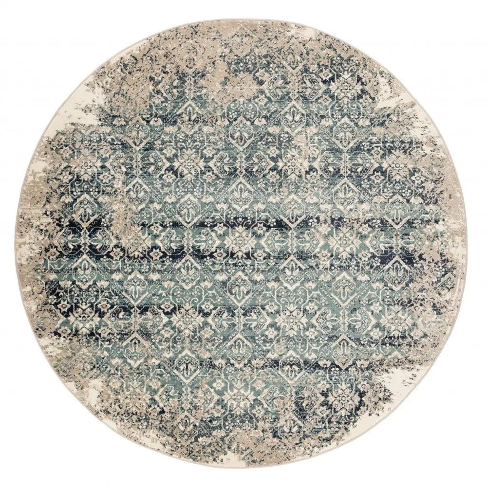 8' Ivory and Blue Round Oriental Area Rug - Homeroots
