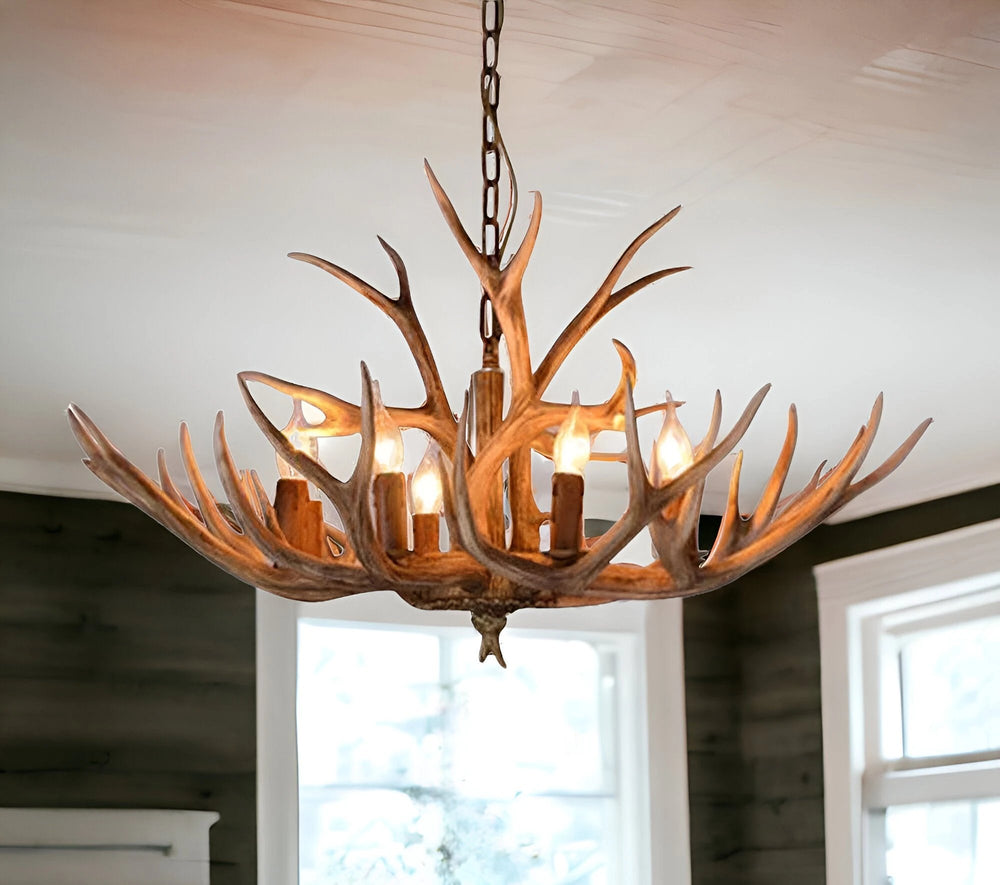 Brown Super Stag Faux Antlers Six Light LED Chandelier - Homeroots