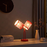17" Red Metal Two Light Table Lamp With Red Abstract Drum Shade - Homeroots