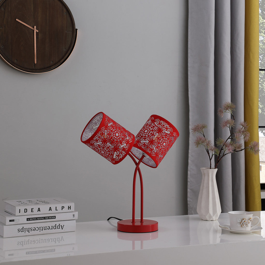 17" Red Metal Two Light Table Lamp With Red Abstract Drum Shade - Homeroots - Flyclothing LLC