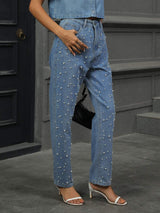 Pearl Detail Straight Jeans with Pockets - Trendsi - Flyclothing LLC