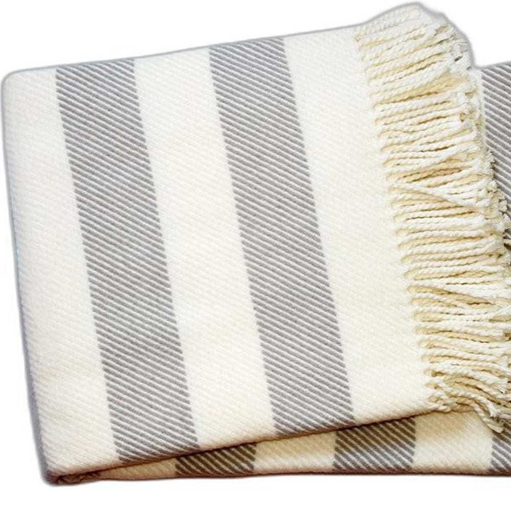 Cream and Gray Slanted Stripe Fringed Throw Blanket - Homeroots - Flyclothing LLC