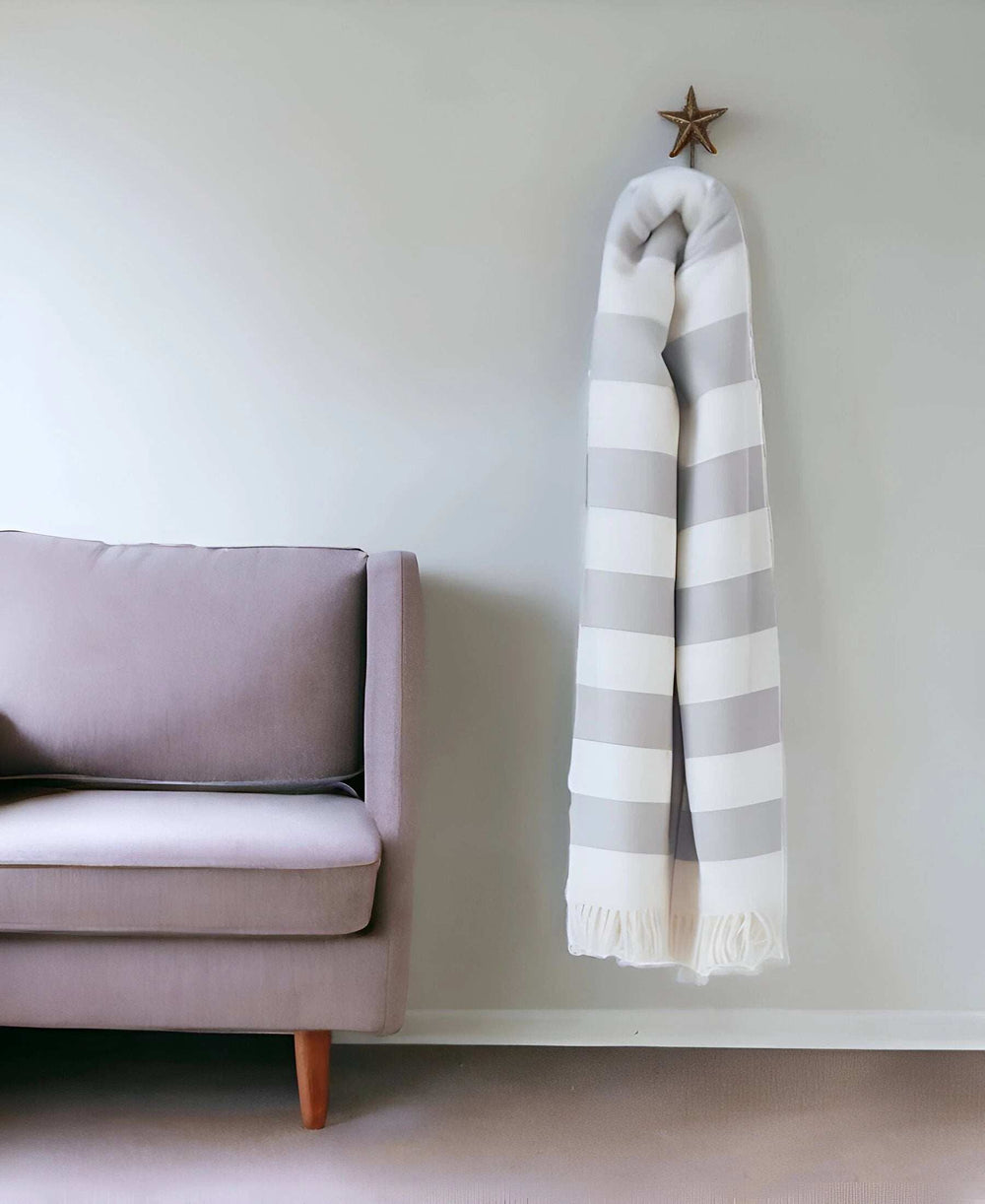 Cream and Gray Slanted Stripe Fringed Throw Blanket - Homeroots - Flyclothing LLC