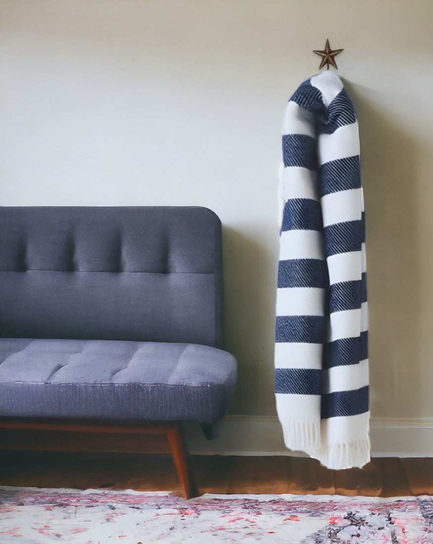 Cream and Navy Blue Slanted Stripe Fringed Throw Blanket - Homeroots - Flyclothing LLC