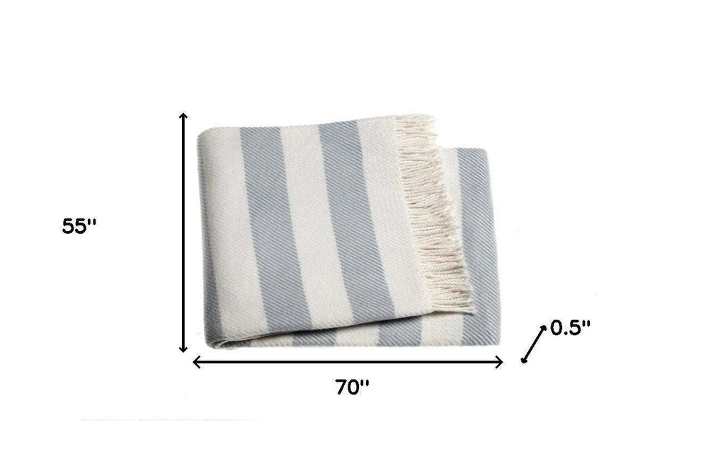 Cream and Sky Blue Slanted Stripe Fringed Throw Blanket - Homeroots - Flyclothing LLC