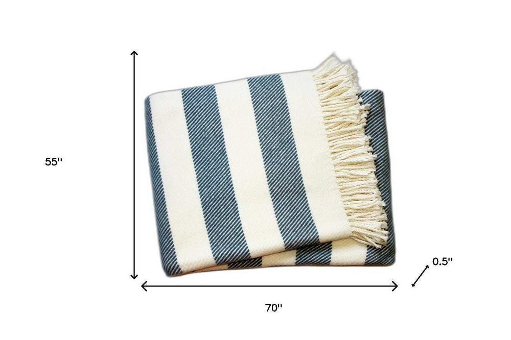 Cream and Slate Slanted Stripe Fringed Throw Blanket - Homeroots - Flyclothing LLC
