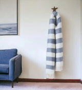 Cream and Slate Slanted Stripe Fringed Throw Blanket - Homeroots - Flyclothing LLC