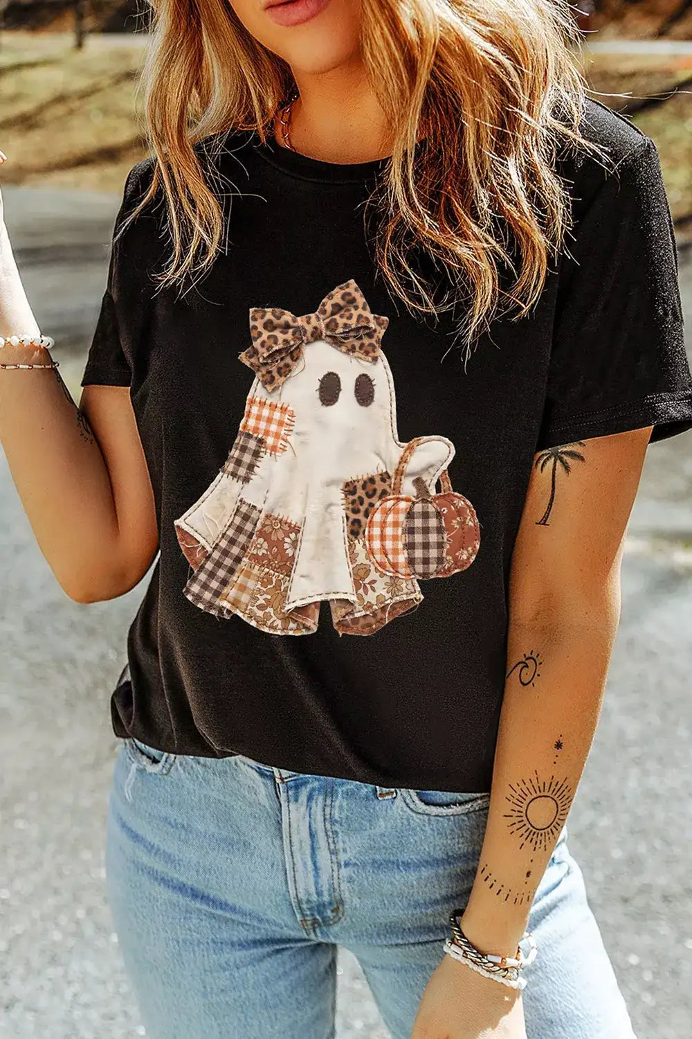 Full Size Halloween Ghost Applique Short Sleeve T-Shirt Plus Size - Trendsi - Flyclothing LLC