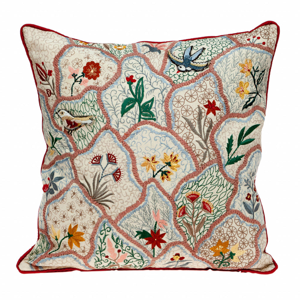 18" Beige Blue and Green Cotton Throw Pillow With Embroidery - Homeroots - Flyclothing LLC