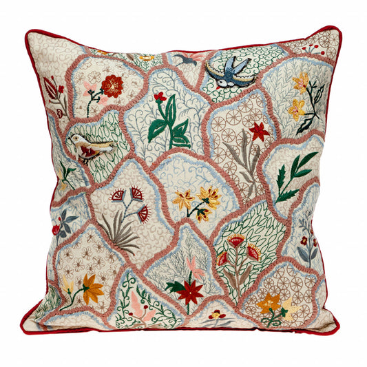 18" Beige Blue and Green Cotton Throw Pillow With Embroidery