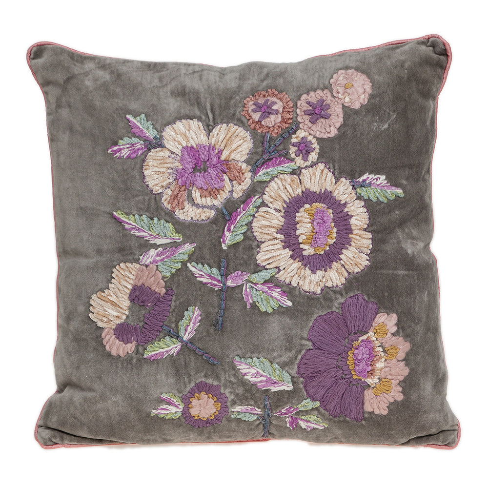 18" Taupe and Purple Cotton Throw Pillow With Embroidery - Homeroots - Flyclothing LLC