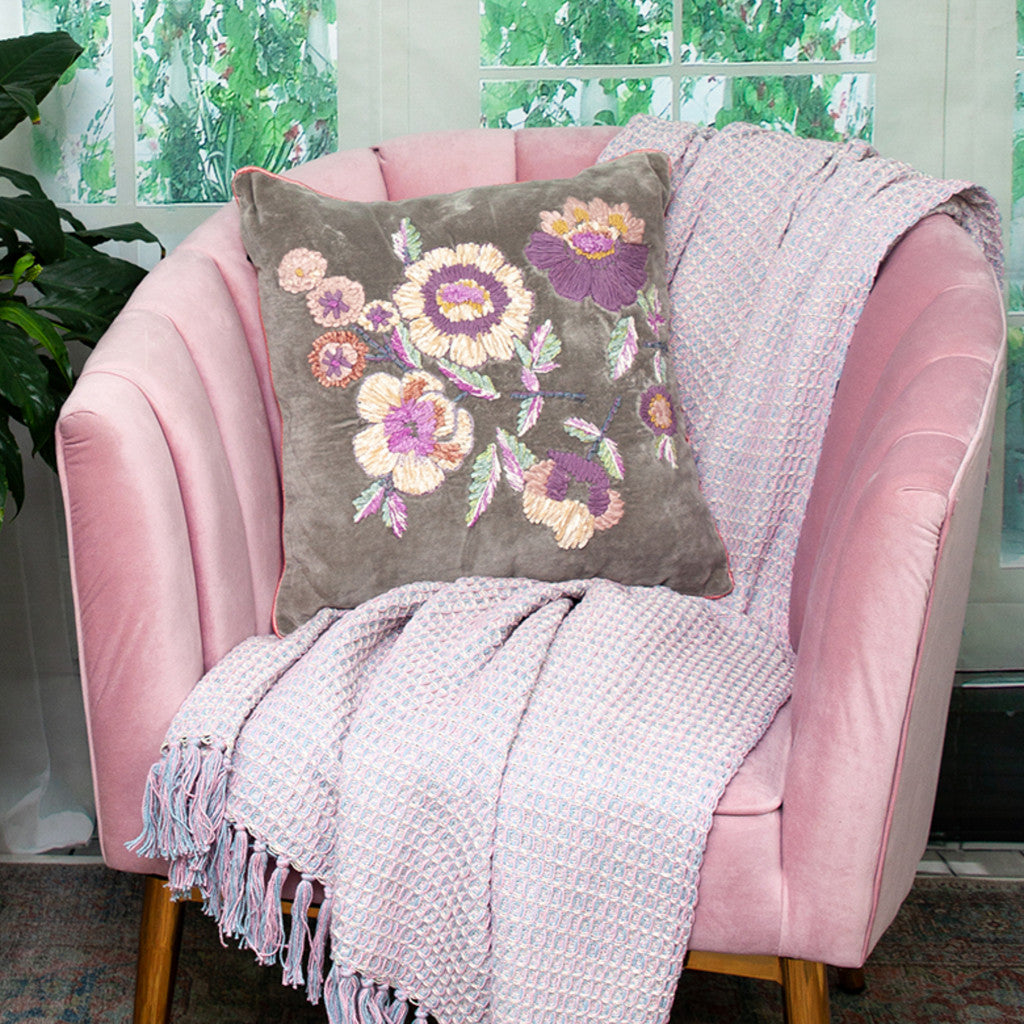 18" Taupe and Purple Cotton Throw Pillow With Embroidery - Homeroots - Flyclothing LLC