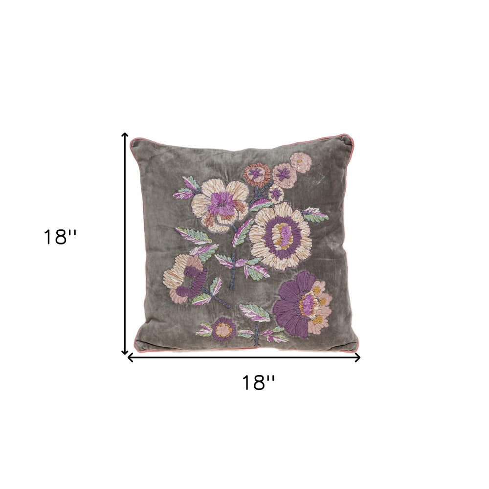 18" Taupe and Purple Cotton Throw Pillow With Embroidery - Homeroots - Flyclothing LLC