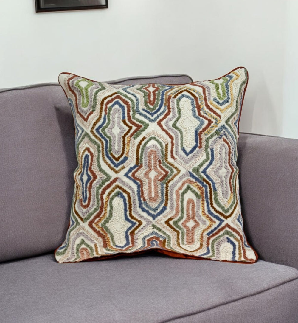 18" Beige and Brown Cotton Throw Pillow With Embroidery - Homeroots