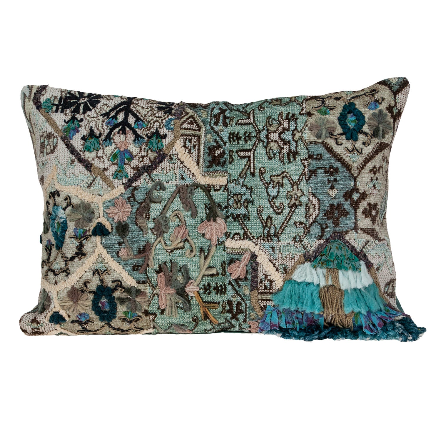 14" X 20" Beige and Green Cotton Throw Pillow With Fringe - Homeroots - Flyclothing LLC