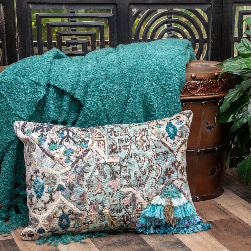 14" X 20" Beige and Green Cotton Throw Pillow With Fringe - Homeroots - Flyclothing LLC