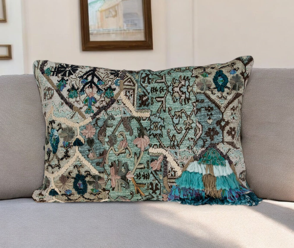 14" X 20" Beige and Green Cotton Throw Pillow With Fringe - Homeroots