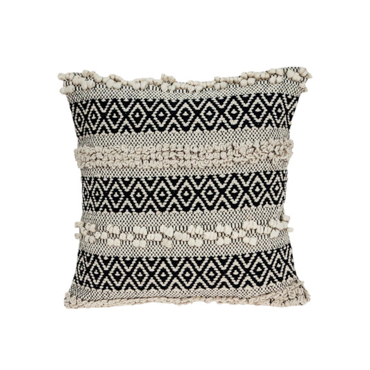 18" Beige and Black Cotton Throw Pillow With Embroidery - Homeroots