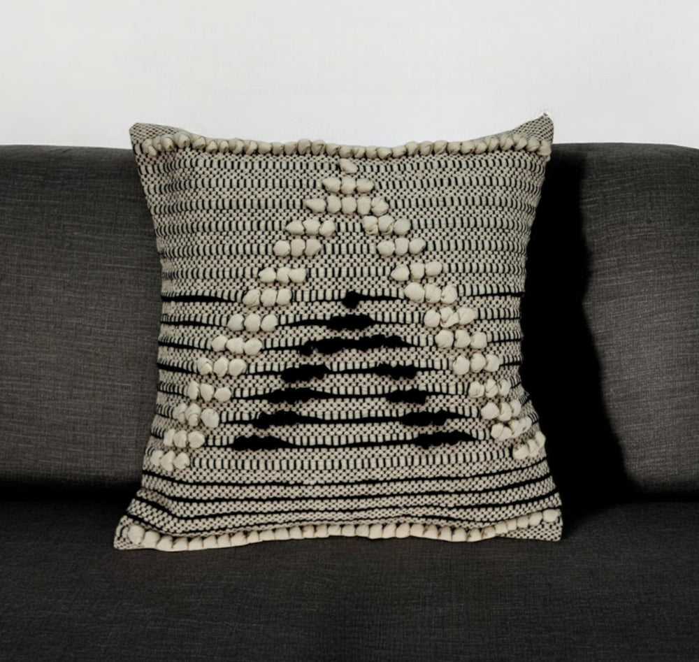 18" Beige and Black Cotton Throw Pillow With Embroidery - Homeroots