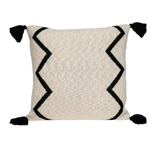 20" x 20" Black and Cream Zigzag Pattern Square Accent Throw Pillow with Tassel - Homeroots