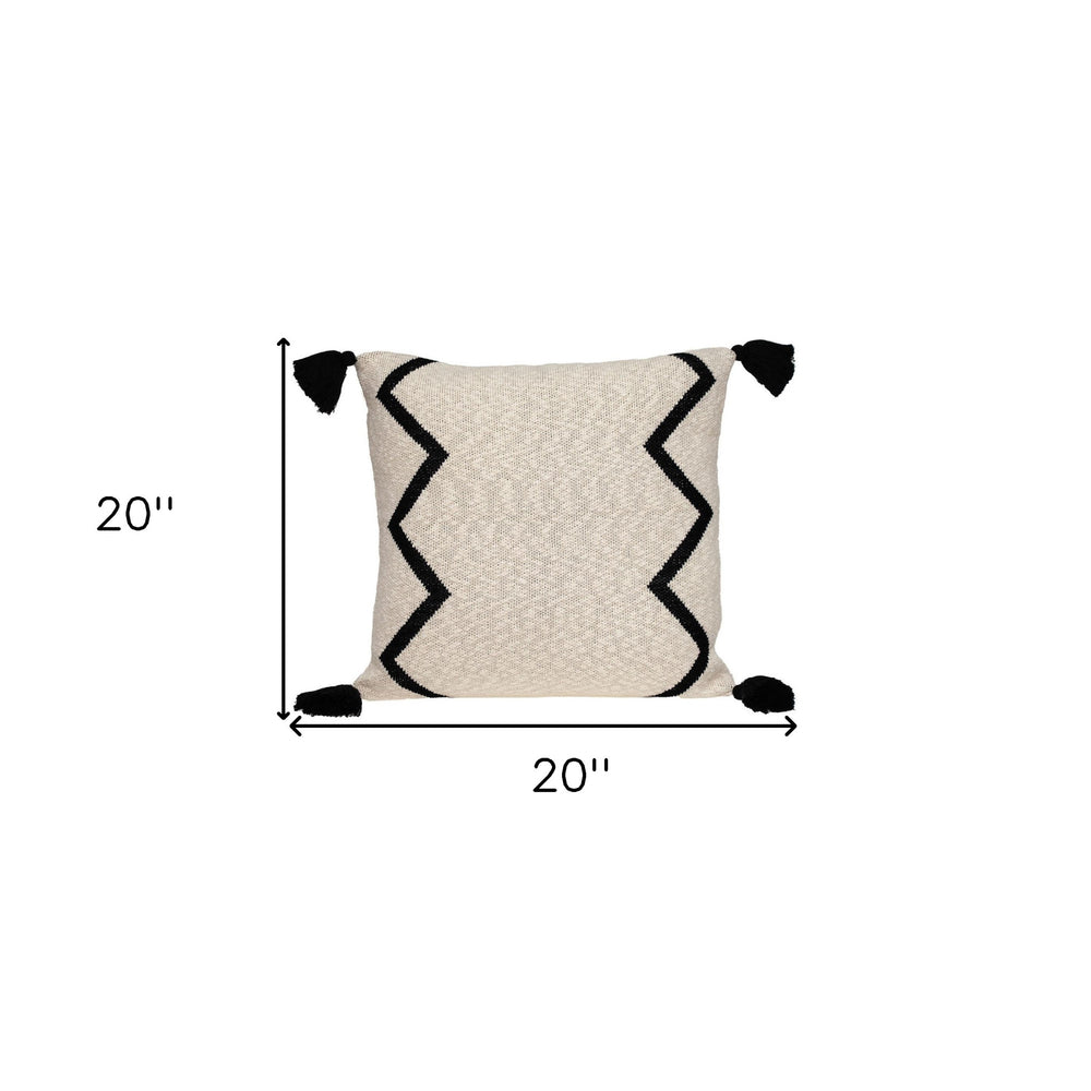20" x 20" Black and Cream Zigzag Pattern Square Accent Throw Pillow with Tassel - Homeroots - Flyclothing LLC