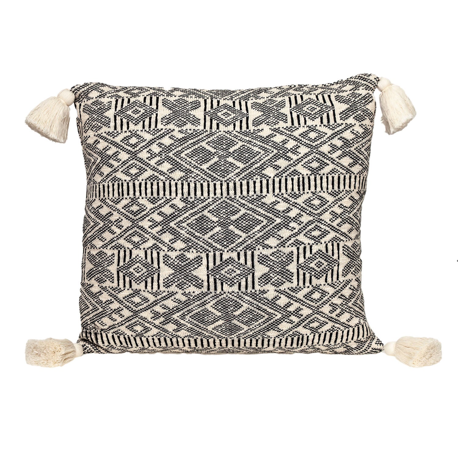 20" x 20" Black and Cream Bohemian Pattern Square Accent Throw Pillow with Tassel - Homeroots - Flyclothing LLC