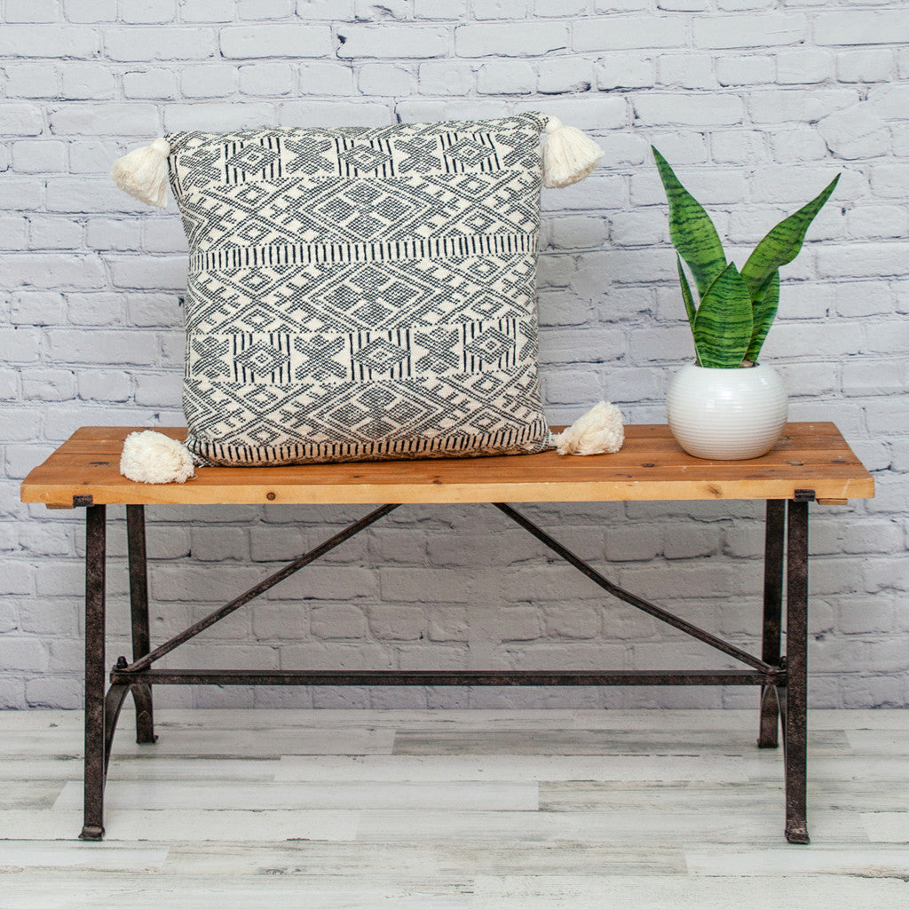 20" x 20" Black and Cream Bohemian Pattern Square Accent Throw Pillow with Tassel - Homeroots - Flyclothing LLC
