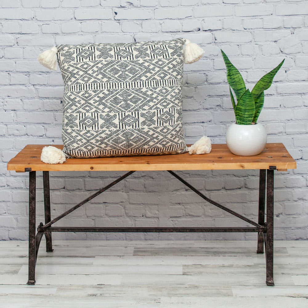 20" x 20" Black and Cream Bohemian Pattern Square Accent Throw Pillow with Tassel - Homeroots - Flyclothing LLC