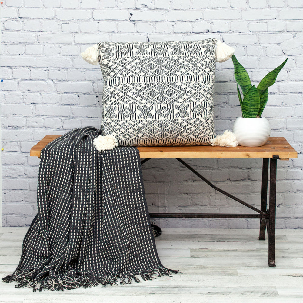 20" x 20" Black and Cream Bohemian Pattern Square Accent Throw Pillow with Tassel - Homeroots - Flyclothing LLC