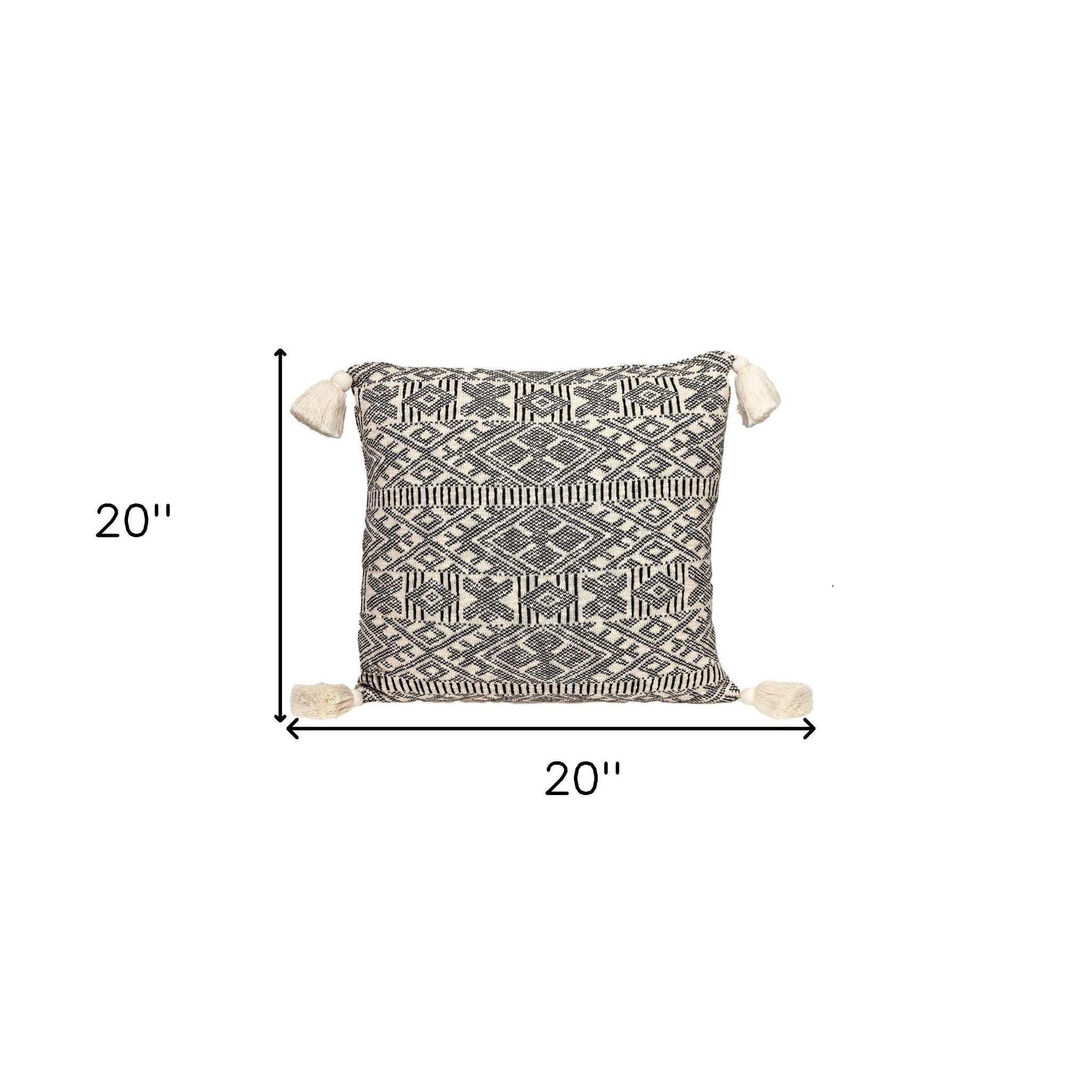 20" x 20" Black and Cream Bohemian Pattern Square Accent Throw Pillow with Tassel - Homeroots - Flyclothing LLC