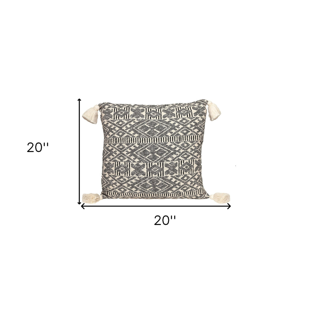 20" x 20" Black and Cream Bohemian Pattern Square Accent Throw Pillow with Tassel - Homeroots - Flyclothing LLC