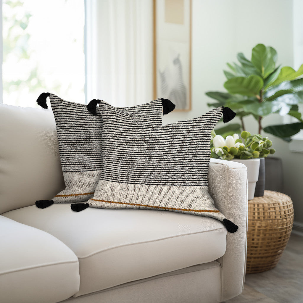 20" x 20" Beige Stripe Pattern Square Accent Throw Pillow with Tassel - Homeroots - Flyclothing LLC