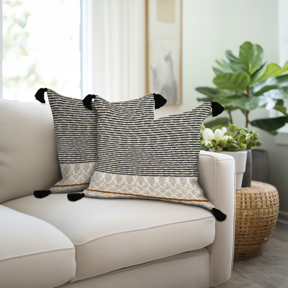 20" x 20" Beige Stripe Pattern Square Accent Throw Pillow with Tassel - Homeroots - Flyclothing LLC