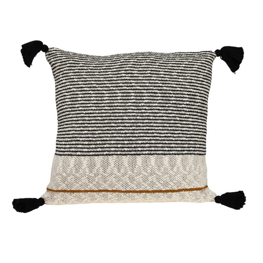 20" x 20" Beige Stripe Pattern Square Accent Throw Pillow with Tassel - Homeroots