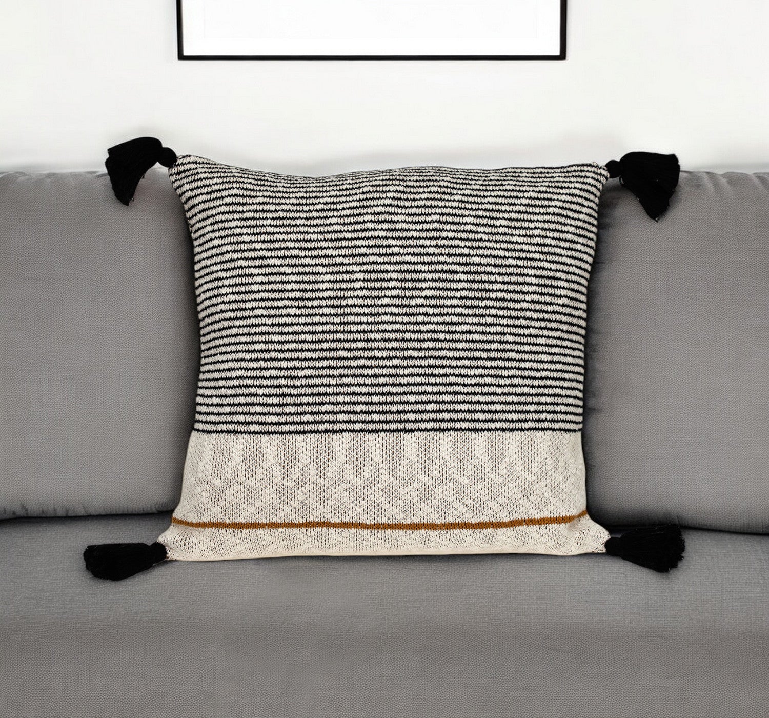 20" x 20" Beige Stripe Pattern Square Accent Throw Pillow with Tassel - Homeroots - Flyclothing LLC