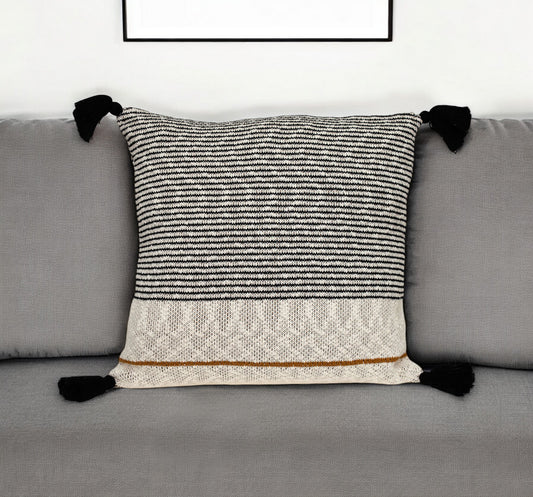 20" x 20" Beige Stripe Pattern Square Accent Throw Pillow with Tassel - Homeroots