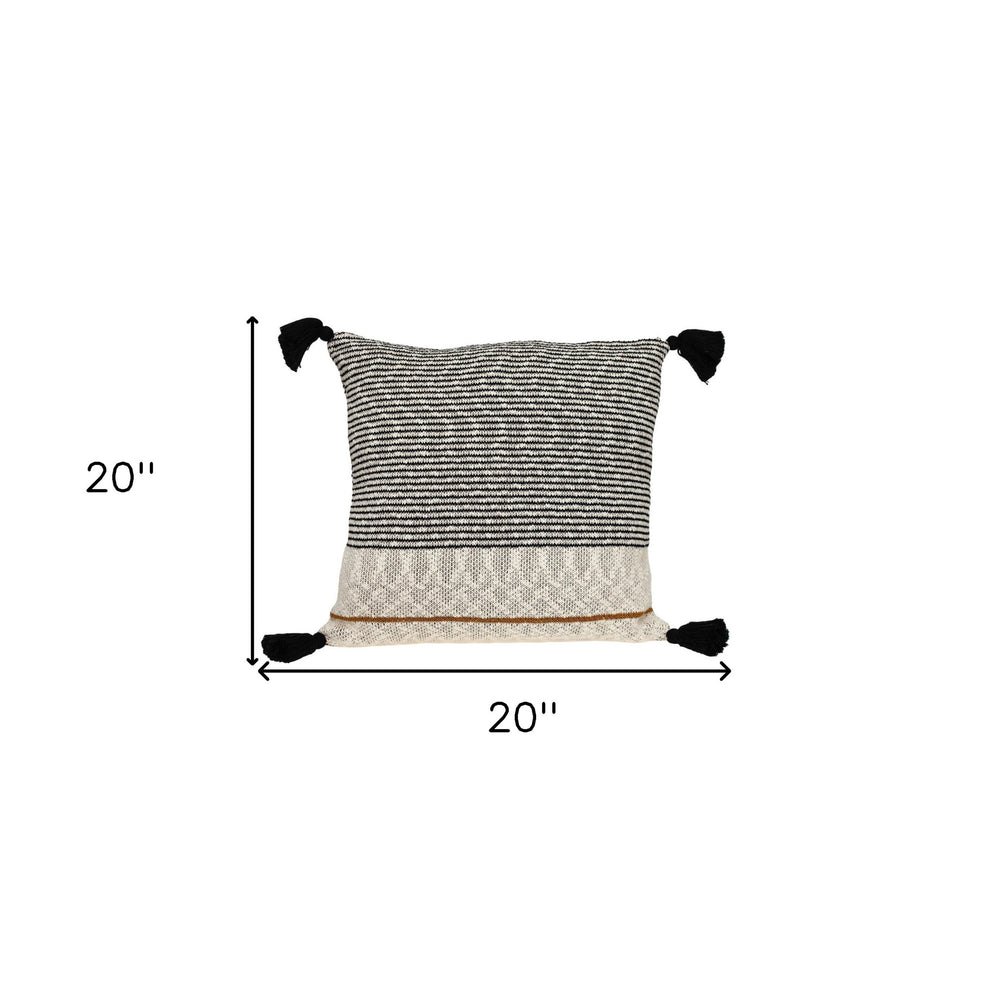 20" x 20" Beige Stripe Pattern Square Accent Throw Pillow with Tassel - Homeroots - Flyclothing LLC