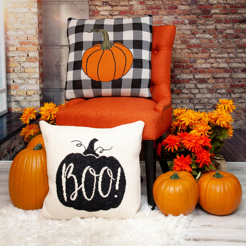 20" x 20" Cream Black Pumpkin Boo Square Accent Throw Pillow - Homeroots - Flyclothing LLC