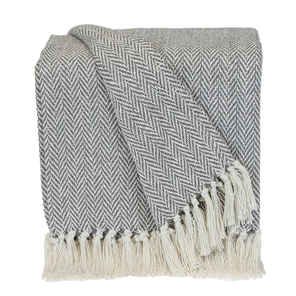 Handloomed Light Gray Cotton Throw Blanket with Tassels - Homeroots