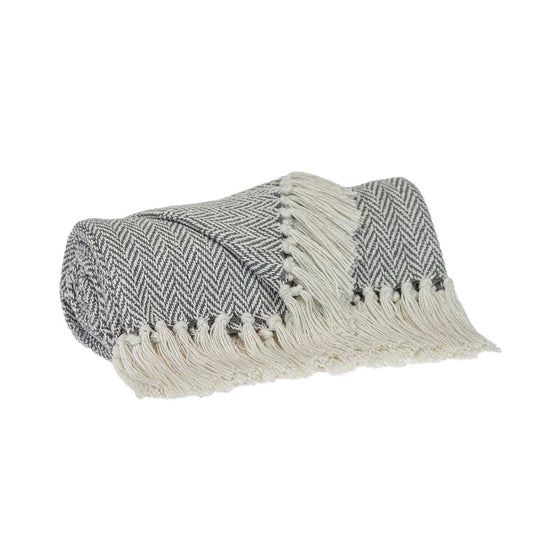 Handloomed Light Gray Cotton Throw Blanket with Tassels - Homeroots - Flyclothing LLC