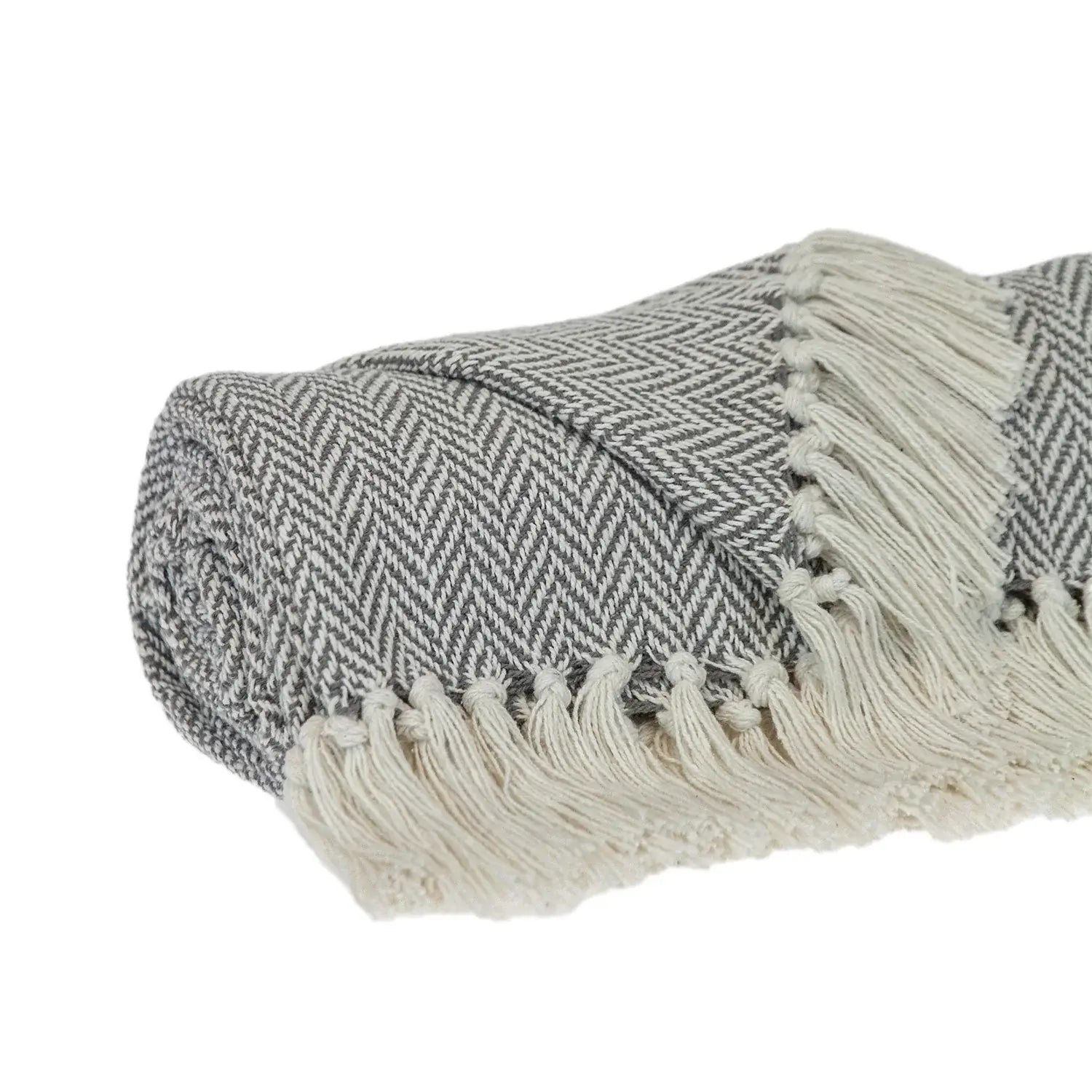 Handloomed Light Gray Cotton Throw Blanket with Tassels - Homeroots - Flyclothing LLC