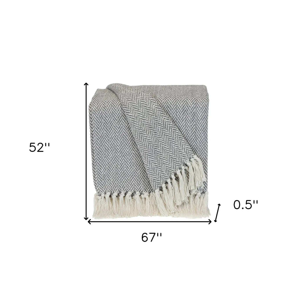 Handloomed Light Gray Cotton Throw Blanket with Tassels - Homeroots - Flyclothing LLC