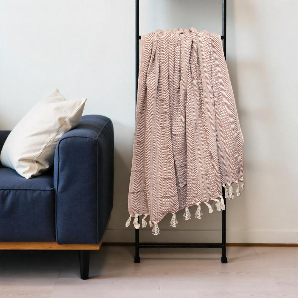 Brown and Beige Woven Herringbone Handloomed Throw - Homeroots