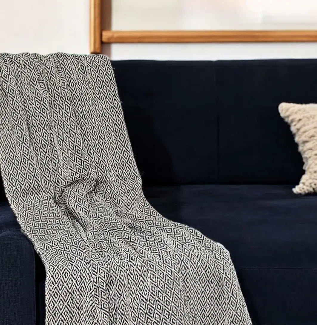 Boho Black and Beige Woven Diamond Pattern Throw with Tassels - Homeroots - Flyclothing LLC